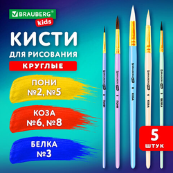 Кисти НАБОР 5 шт. (БЕЛКА круглая  3; КОЗА круглые  6, 8; ПОНИ круглые  2, 5), BRAUBERG KIDS, 2010