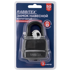 Замок навесной стальной 50 мм ''Всепогодный'' оцинкованный, прорезиненный, 3 ключа, RABBITEX (РАББИТЕК