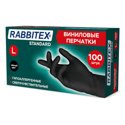 Перчатки виниловые универсальные, 50 пар (100 шт.), размер L (большой), черные, RABBITEX (РАББИТЕКС)