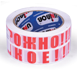 Клейкая лента упаковочная, 50 мм х 66 м, белая, надпись ''ОСТОРОЖНО!!!ХРУПКОЕ!!!'', толщина 50 микрон,