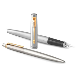 Набор PARKER ''Jotter Stainless Steel GT'': шариковая ручка синяя и перьевая ручка, 2093257
