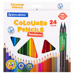 Карандаши цветные BRAUBERG PREMIUM 24 цвета + 2 чернографитных карандаша, трехгранные, грифель 3 мм,