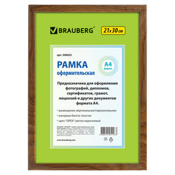 Рамка 21х30 см, пластик, багет 15 мм, BRAUBERG ''HIT'', орех, стекло, 390025