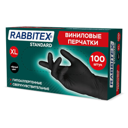 Перчатки виниловые универсальные, 50 пар (100 шт.), размер XL (очень большой), черные, RABBITEX (РАБ