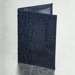 Обложка для паспорта натуральная кожа кайман, ''PASSPORT'', темно-синяя, BRAUBERG, 237196