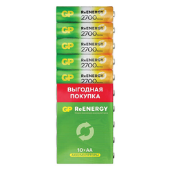 Батарейки аккумуляторные GP ReEnergy Ni-Mh пальчиковые КОМПЛЕКТ 10 шт., АА (HR6), 2600 mAh, 270AAHCR