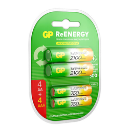 Батарейки аккумуляторные GP ReEnergy Ni-Mh НАБОР 8 шт. (ПРОМО 4+4), AA+ААА (HR6+HR03), 2000 mAh + 75