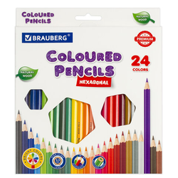 Карандаши цветные BRAUBERG PREMIUM, 24 цвета, шестигранные, грифель 3,3 мм, натуральное дерево, 1816