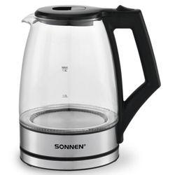 Чайник электрический SONNEN KT-1807, 1,8 л, 2200 Вт, термостойкое стекло, внутренняя подсветка синяя