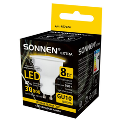 Лампа светодиодная SONNEN EXTRA, 8 (70) Вт, GU10, софит, теплый белый, 30000 ч, LED MR16-GU10-8W-270