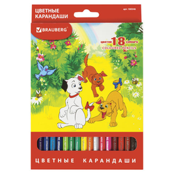 Карандаши цветные BRAUBERG ''My lovely dogs'', 18 цветов, шестигранные, грифель 3 мм, натуральное дере