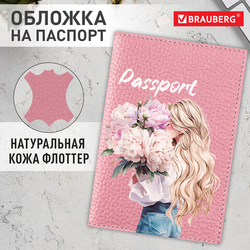 Обложка для паспорта натуральная кожа флоттер, принт ''Девушка'', цвет пудрово-розовый, BRAUBERG, 2388