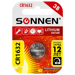 Батарейка литиевая SONNEN Lithium CR1632, ''таблетка, дисковая, кнопочная'', 1 шт., блистер, 457138