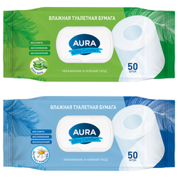 Бумага туалетная влажная 50 шт., AURA ''Ultra Comfort'' с пластиковым клапаном, 8027