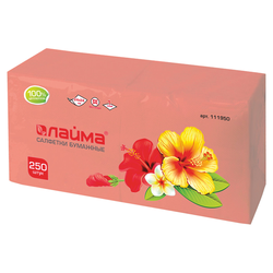 Салфетки бумажные, 250 штук, 24х24 см, LAIMA, красные (пастельный цвет), 100% целлюлоза, 111950