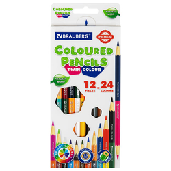 Карандаши цветные двусторонние BRAUBERG PREMIUM TWIN COLOUR, 12 штук, 24 цвета, шестигранные, грифел