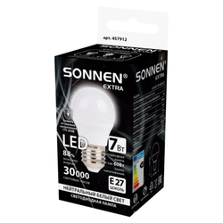 Лампа светодиодная SONNEN EXTRA, 7 (60) Вт, E27, шар, нейтральный белый, 30000 ч, LED G45-7W-4000-Е2