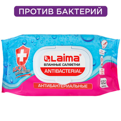 Салфетки влажные 120 шт., АНТИБАКТЕРИАЛЬНЫЕ, с пластиковым клапаном, LAIMA ''Antibacterial'', 112497