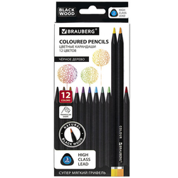 Карандаши цветные чёрное дерево BRAUBERG BLACK WOOD, 12 цветов, трехгранные, мягкий грифель 3 мм, 18