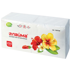 Салфетки бумажные 250 штук, 24х24 см, LAIMA, белые, 100% целлюлоза, 128728