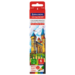 Карандаши цветные мягкие BRAUBERG АКАДЕМИЯ, 6 цветов, шестигранные, грифель 3 мм, натуральное дерево