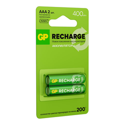Батарейки аккумуляторные GP ReCharge Ni-Mh мизинчиковые КОМПЛЕКТ 2 шт., ААА (HR03) 400 mAh, 40AAAHCV