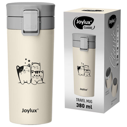 Термокружка 380 мл JOYLUX (ДЖОЙЛЮКС) CLASSIC CAT, нержавеющая сталь SUS304, бежевый с принтом, 70027