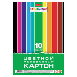 Картон цветной А4 МЕЛОВАННЫЙ, 10 листов, 10 цветов, с европодвесом, HATBER, 195х280 мм, ''Creative Se
