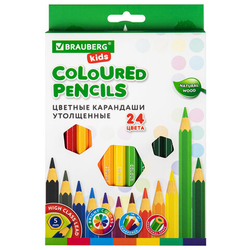 Карандаши цветные утолщенные BRAUBERG KIDS, 24 цвета, шестигранные, грифель 5 мм, натуральное дерево
