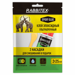 Клей эпоксидный прозрачный, смола + отвердитель, шприц, насадка миксер, лопатка, 2х25 мл, RABBITEX (
