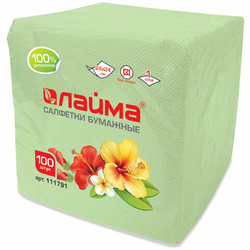Салфетки бумажные 100 штук, 24х24 см, LAIMA, зелёные (пастельный цвет), 100% целлюлоза, 111791