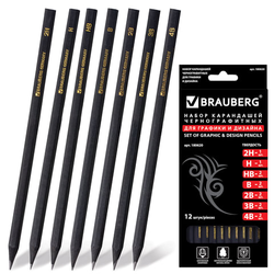 Карандаши чернографитные BRAUBERG НАБОР 12 шт., ''Black Jack'', 2Н-4В, без резинки, черные, дерево, за