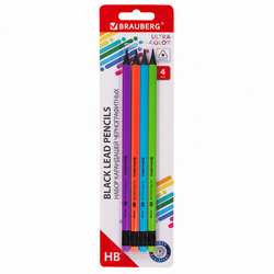 Набор карандашей чернографитных BRAUBERG ''ULTRA COLOR'' 4 шт., HB, с ластиком, пластиковые, 181709