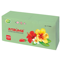 Салфетки бумажные, 250 шт., 24х24 см, LAIMA, зеленые (пастельный цвет), 100% целлюлоза, 111952