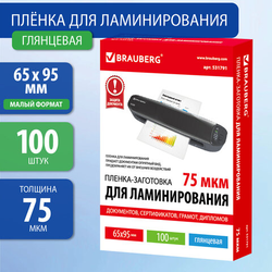 Пленки-заготовки для ламинирования МАЛОГО ФОРМАТА (65х95 мм), КОМПЛЕКТ 100 штук, 75 мкм, BRAUBERG, 5