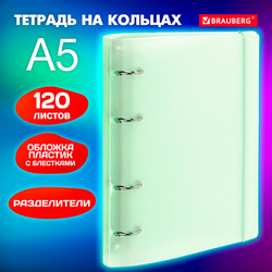 Тетрадь на кольцах А5 175х220 мм, 120 л., пластик с блестками, с резинкой и разделителями, BRAUBERG,