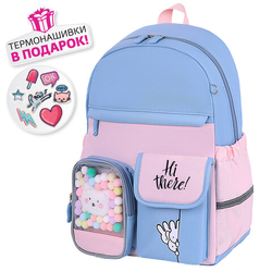 Рюкзак BRAUBERG PASTEL с термонашивками в комплекте, ''Friendly bunnies'', голубой, 40х29х14 см, 27142