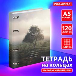 Тетрадь на кольцах А5 160х212 мм, 120 листов, картон, матовая ламинация, клетка, BRAUBERG, ''Nature'',