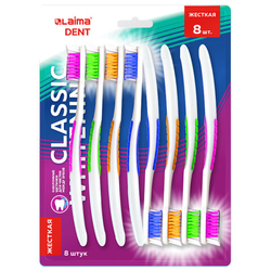 Зубная щетка жесткая CLASSIC WHITENING, безопасное отбеливание, КОМПЛЕКТ 8 шт., LAIMA DENT, 609315