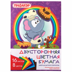 Цветная бумага А4 2-сторонняя газетная, 16 листов, 8 цветов, на скобе, ПИФАГОР, 200х280 мм, ''Праздни