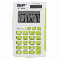 Калькулятор карманный STAFF STF-6238 (104х63 мм), 8 разрядов, двойное питание, БЕЛЫЙ С ЗЕЛЁНЫМИ КНОП