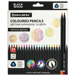 Карандаши цветные чёрное дерево BRAUBERG BLACK WOOD, 24 цвета, трехгранные, мягкий грифель 3 мм, 181