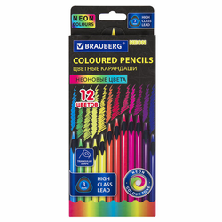 Карандаши цветные BRAUBERG NEON, 12 неоновых цветов, трехгранные, грифель 3 мм, черное дерево, 18185
