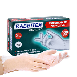 Перчатки виниловые универсальные 50 пар (100 шт.), размер XL (очень большой), белые, RABBITEX (РАББИ